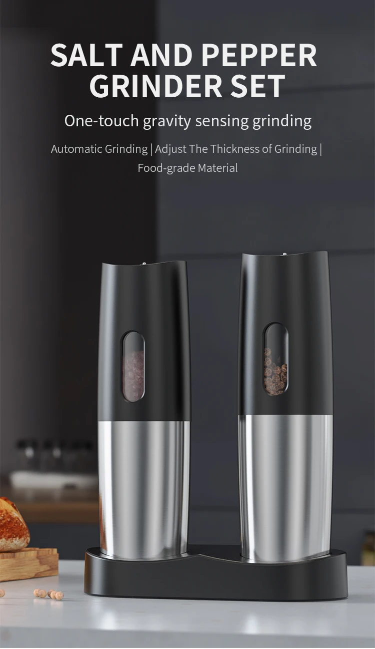 2pcs Set Stainless Steel Gravity Salt and Pepper Grinder with Charging Base USB Battery Powered Spice Mill