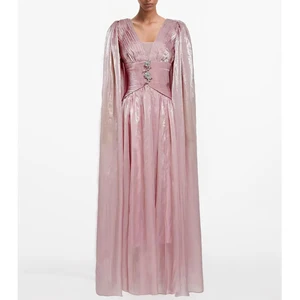 Factory Wholesale Vintage Long Dress Women Autumn Winter V-Neck Diamonds Cloak Sleeve Pleated Socialite Parties Stage Female