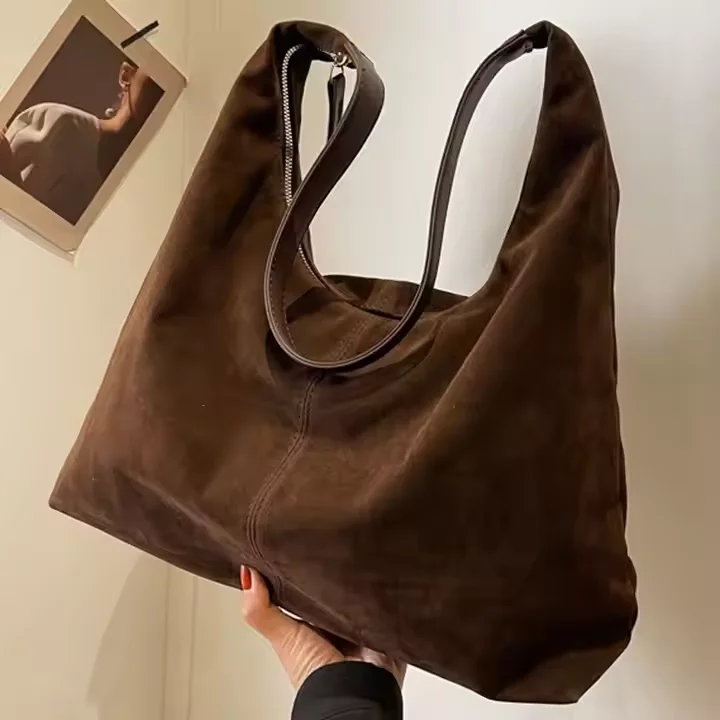 Autumn Winter Retro Large Capacity Underarm Suede Leather Bucket Bag Women's Armpit New Casual Tote Bag Shoulder Suede Bag