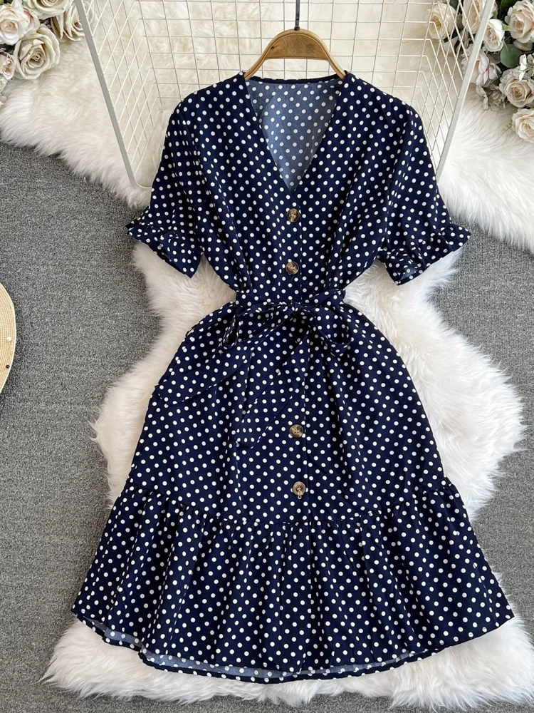 Short Sleeved V-Neck Lace-Up Single-Breasted A-Line Ruffled Polka Dot Dress  Female