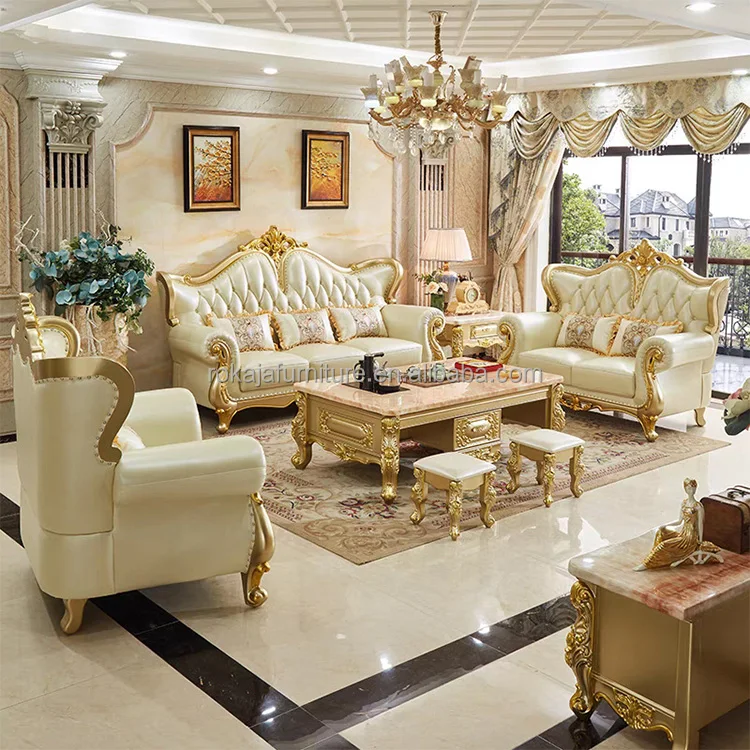 European Style Leather Sofa 123 Combination Retro Royal Sofa Luxury Villa Living Room Champagne Gold Solid Wood Carved Sofa Set