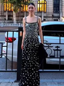 Bettergirl High Quality 2026 Spring New Silver Sequin Long Black Halter Women Dress Charming Banquet Party Elegant Dress