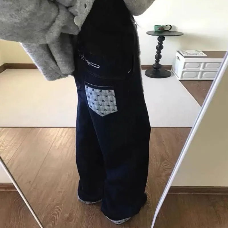 Design Bowknot Plaid Patchwork Denim Jeans for Women Spring Season Plus Size Loose Wide-leg Pants