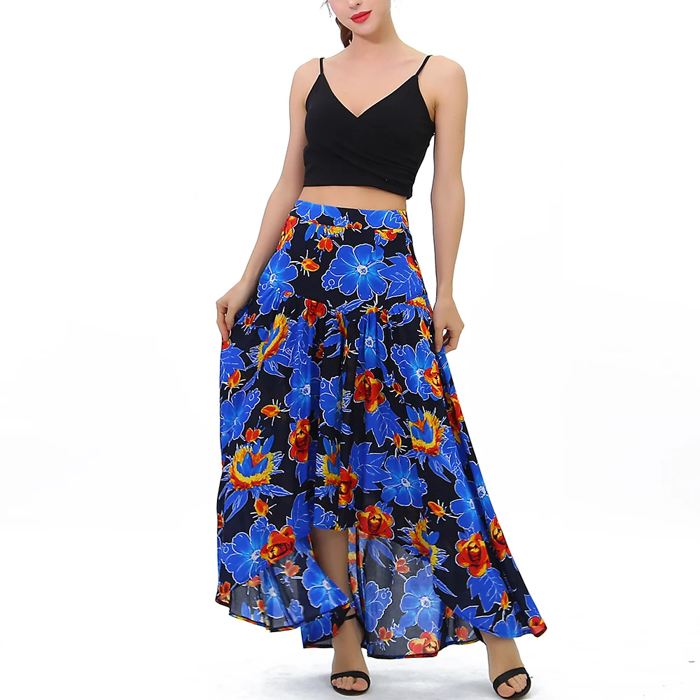 中国工厂花卉印花波西米亚风格马克西裙子女装夏季,高腰女士长款荷叶