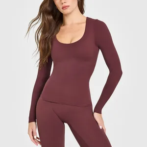 Custom Breathable Lightweight Plus Size Women's T-Shirt Quick-Dry Yoga Top Scoop Neck Long Sleeve Four-Way Stretch Built Bra