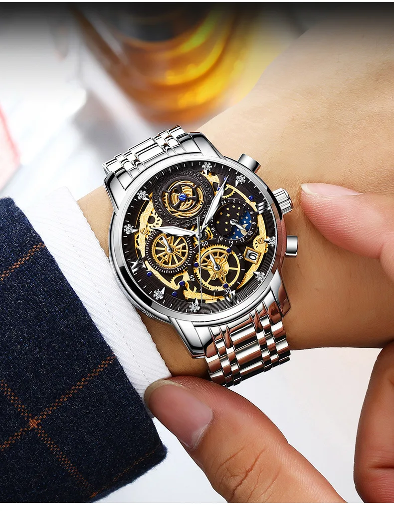 Men's Luxury Quartz Chronograph Watch - Stainless Steel Skeleton