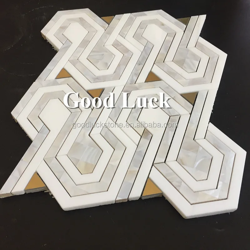 Nature Shell Mix Brass and Marble Waterjet Mosaic Tiles for Wall Decoration