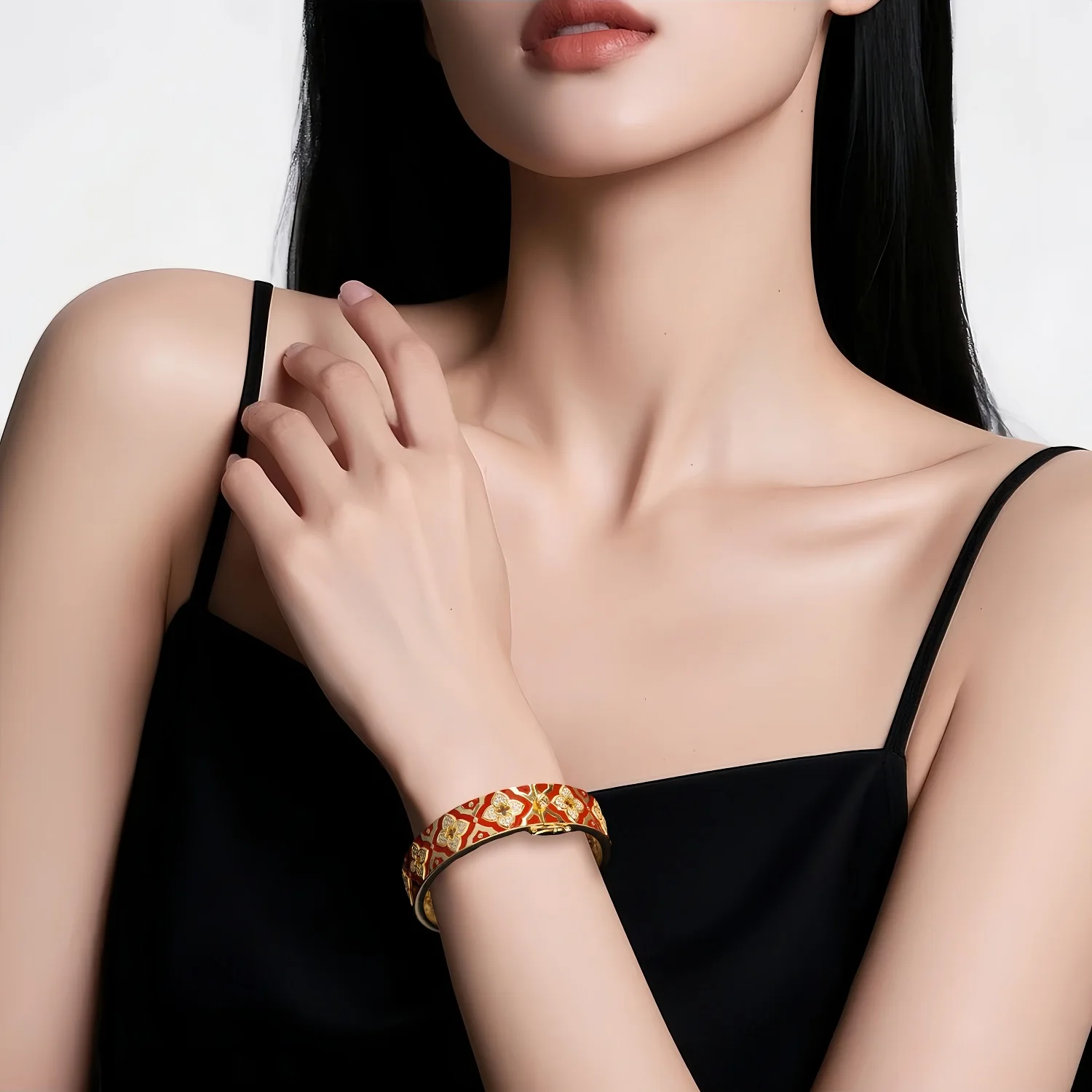 Luxury Brand Designer 18K Gold Plated 925 Sterling Silver Bangles High Carbon Diamond Red Enamel Flowers Bangle Fashion Woman