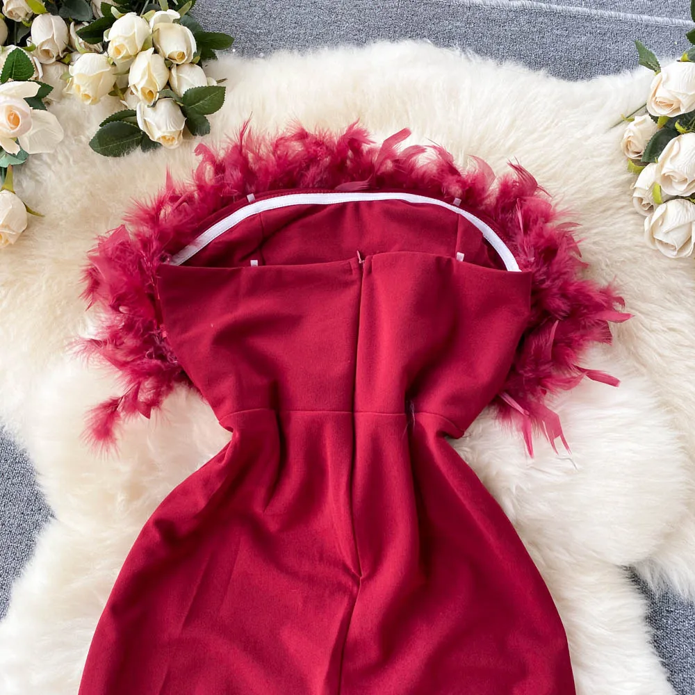 Luxury Feather Tassel Tube Top Jumpsuit Women High Waist Slimming