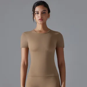 Women Tight Fit Sports Yoga T Shirt High Elastic Dual Surface Brushed Fabric Breathable Gym Top Short Sleeve