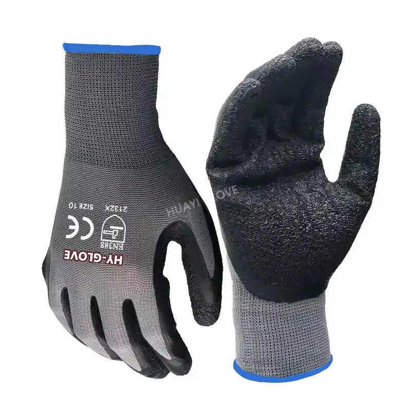 CE 13 Gauge Red Polyester Industrial Latex Crinkle Wrinkle Corrugated Rough  Grip Construction Site Scaffold Builder Hand Gloves