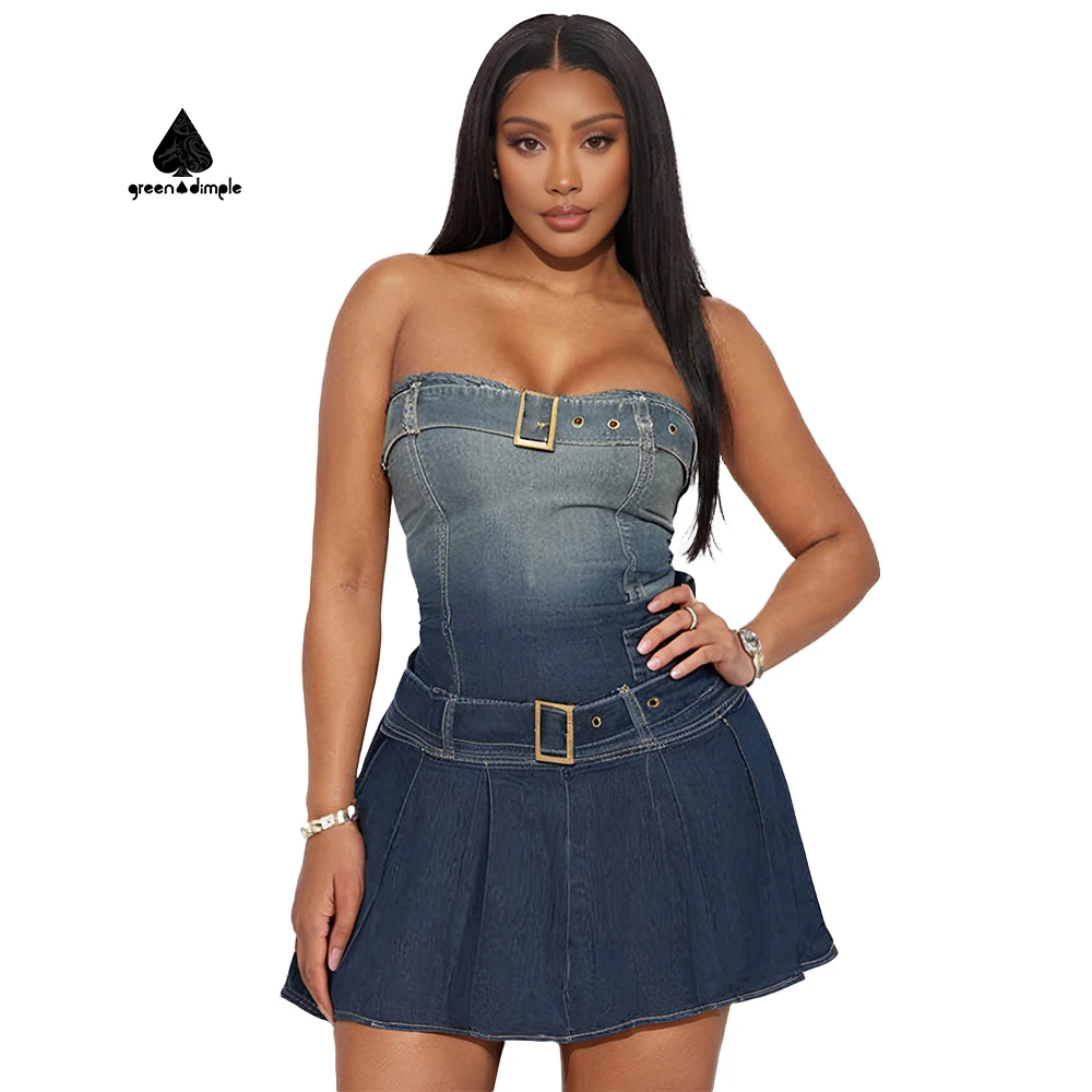 white christmas dresses Medium Wash Denim Strapless Pintuck Mini Dress