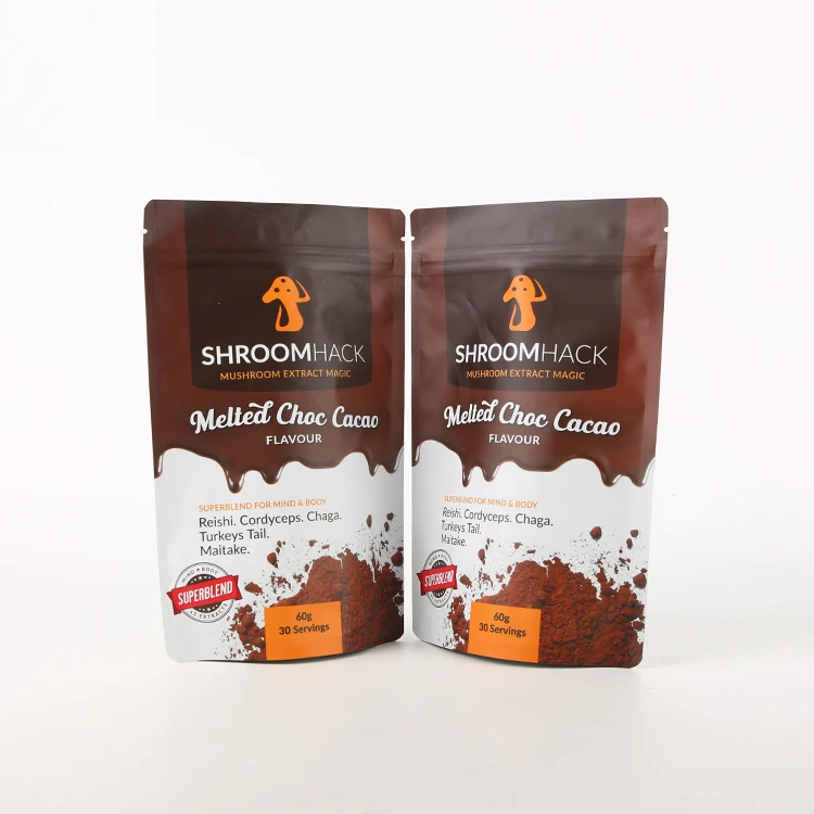 Custom Printed Cacao Cocoa Coffee Powder Plastic Packaging Aluminum Foil Bags Resealable Matte Black Stand up Pouch With Zipper