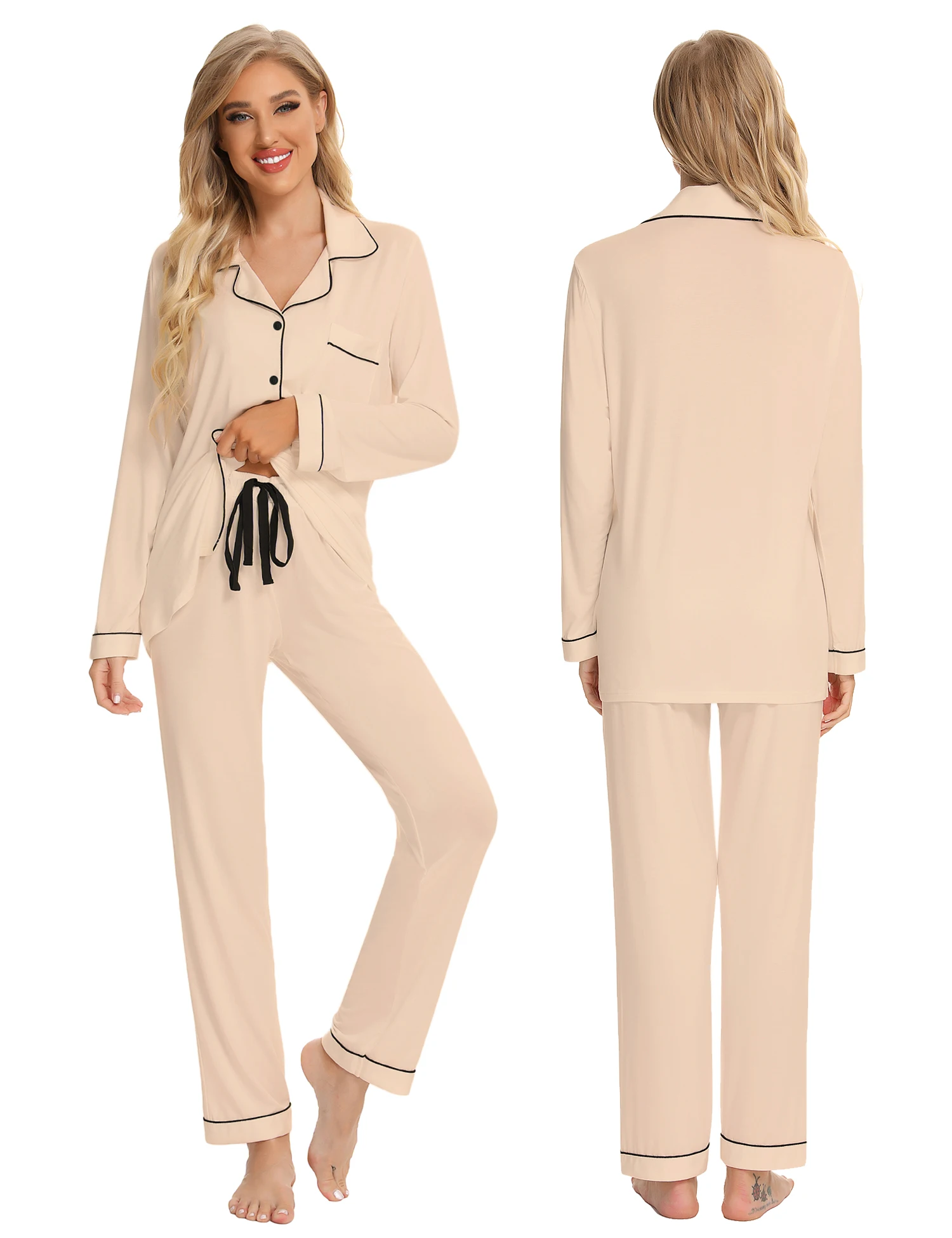 OEM Customizable Women's High Quality Bamboo Viscose Pajamas for Christmas Long Sleeve Thermal Pajamas with Front Logo