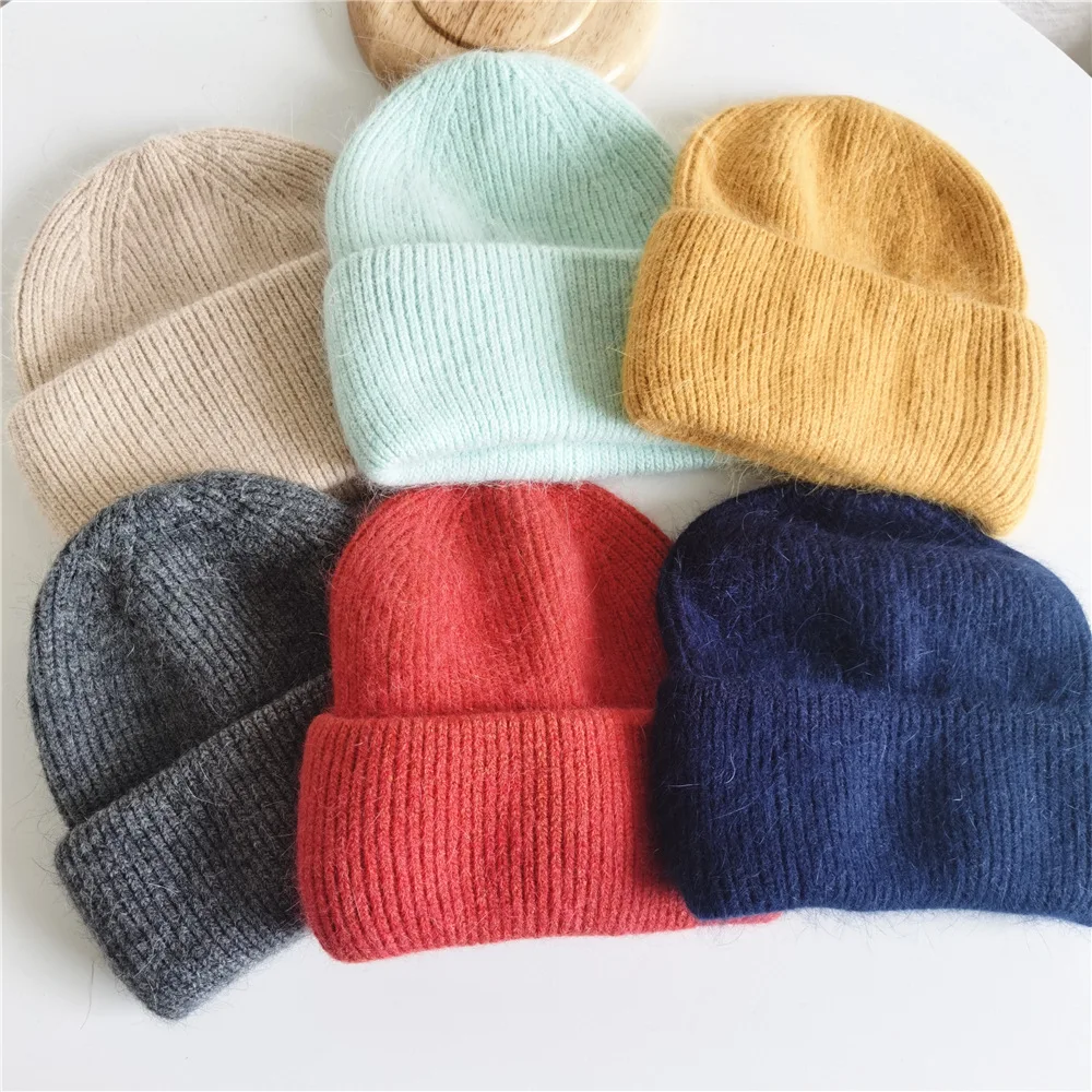 Angora Rabbit Hair Warm Pure Color Winter Knitting Hat Ribbed