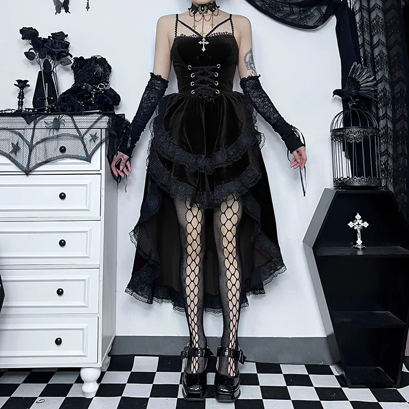 Grunge Gothic Women Dress Lace Trim High Waist Bodycon Mini Dress 2026 New  E-girl Vintage Punk Harajuku Lolita Party Clothes
