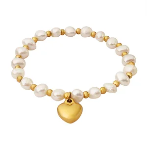 Vintage Heart Pendant Beaded Charms Bracelets Women 18k Gold Plated Titanium Steel Natural Pearl Bead Bracelet