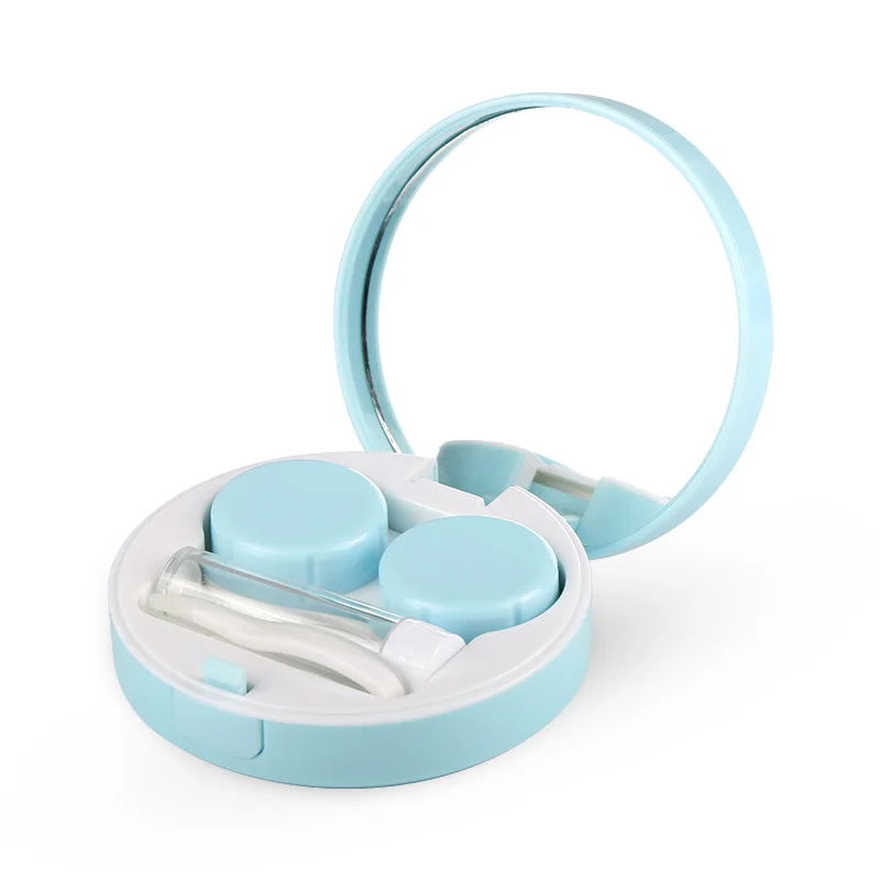 Customizable Plastic Stylish Simple round Contact Lens mate box with tweezers rainbow pattern portable set contact lens case