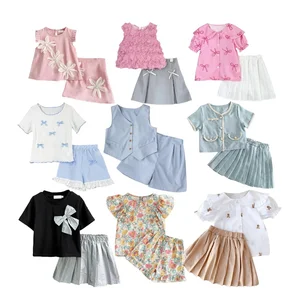 Girls Fashion Children Pink Short Sleeve Raglan Shirt Flare Skirts Two-piece Girls Clothing Sets