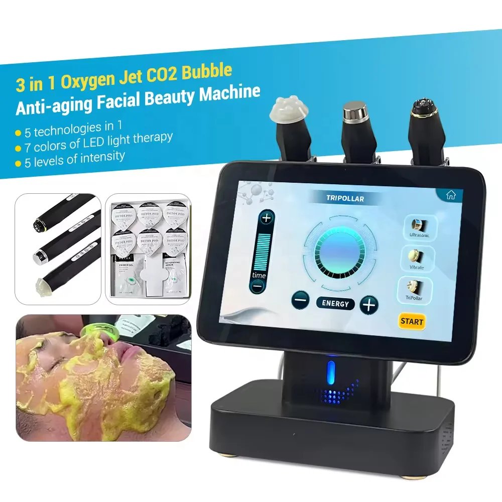 Discover the professional Oxygen Bubble Machine featuring Oxygen CO2 Bubble Handle, Ultra Handle, and Quadrupole RF technology for hydration, skin tightening, rejuvenation, and oxygen facial treatments. 3 in 1 Oxygen Facial Machine –Ultra & Quadrupole RF CO2 Bubble