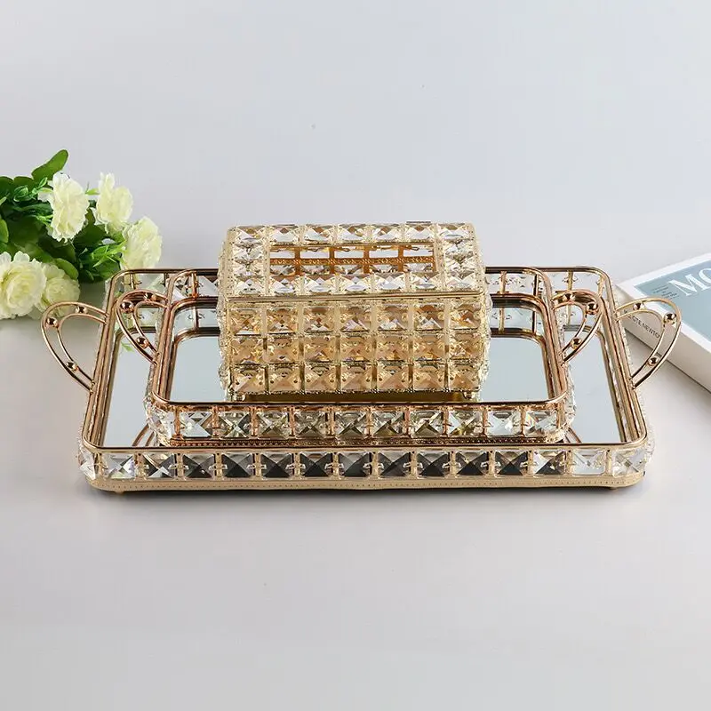 Classic European Gold Mirror Tray Table Beautiful Natural Crystal Serving  Tray for Bedroom and Kitchen for Jewelry Display