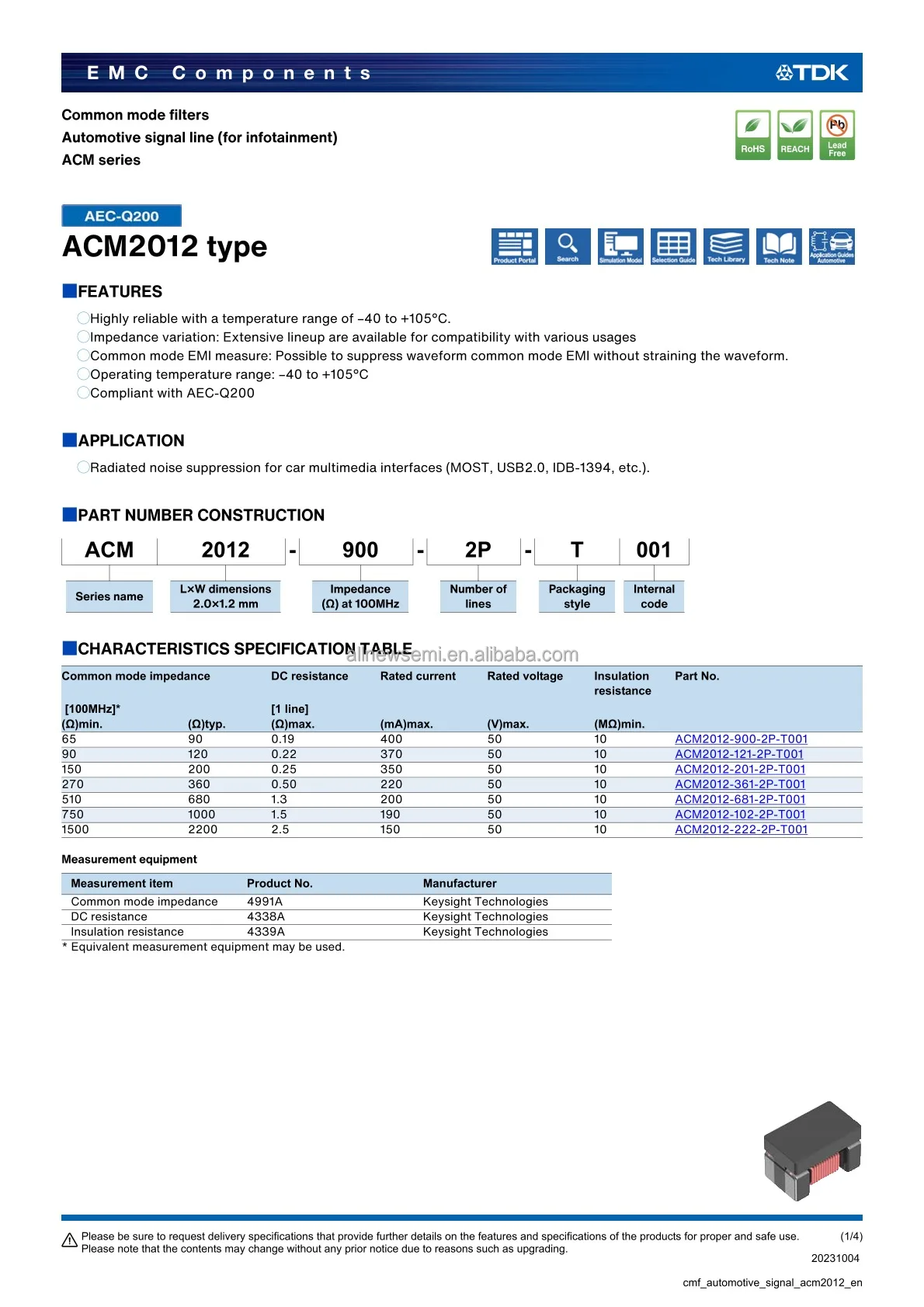 Hot sale Original ACM2012-121-2P-T001 Filter CMC 370MA 120 OHM SMD 2 Line Common Mode Choke Surface Mount 100 MHz 370mA 220mOhm