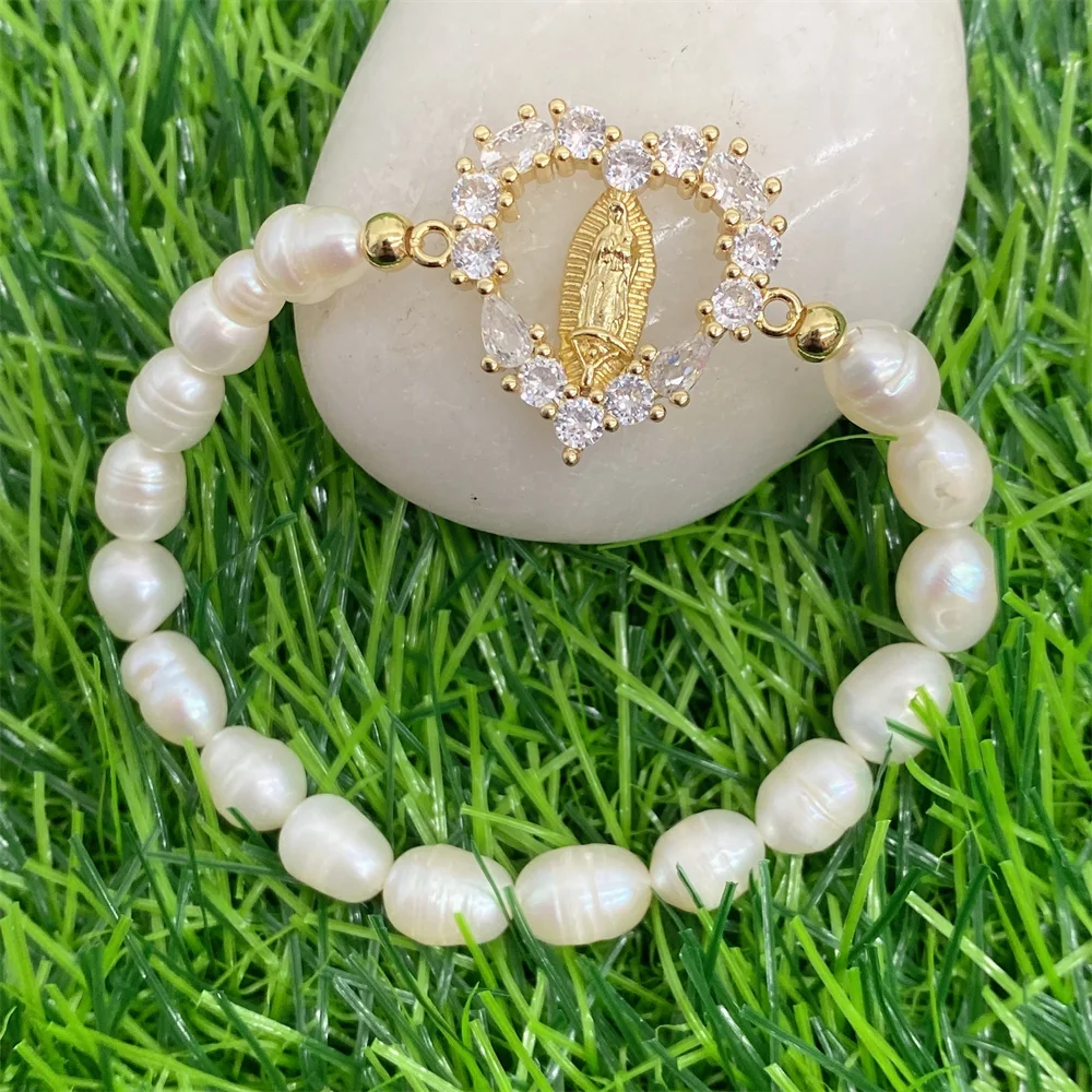 18K Gold Plated Micro Pave CZ Virgin Mary Charm Freshwater Pearl Beaded Stretch Bracelets for Women Religious Fashion Jewelry
