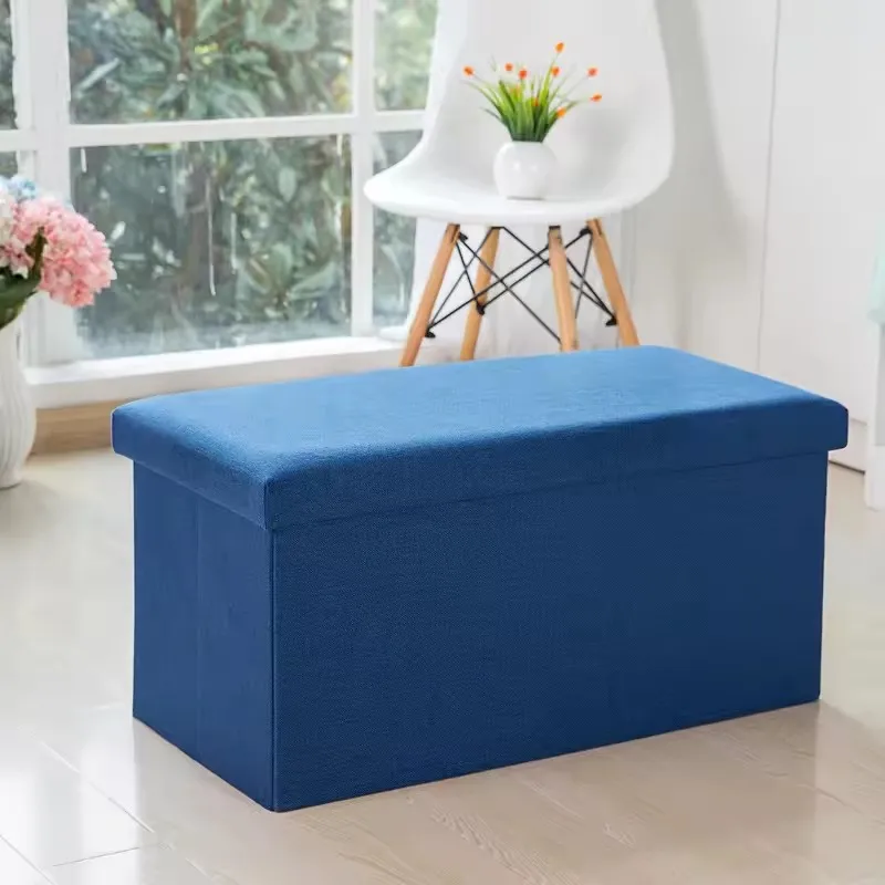 Hot-selling Modern Multifunctional Rectangle Grey Cotton Linen Folding Storage Ottoman Stool-Padded Ottoman Bedroom Apartment