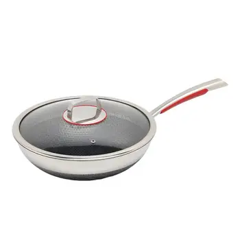 Triply Stainless Steel Wok Pan 30/32/34cm 3-Ply Honeycomb Induction Non-Stick Tempered Glass Lid Dishwasher Safe for