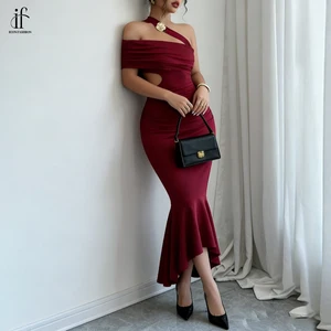 Elegant Custom off Shoulder Evening Gown Backless High Waist Cutout Mermaid Dress Asymmetric Hem Sexy Bodycon Dress