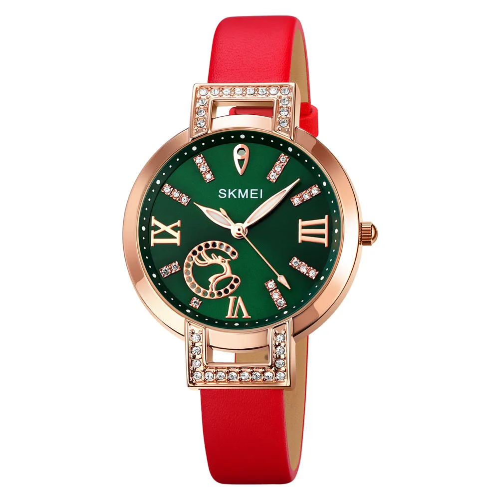 Elegant Skmei 1977 Leather Strap Women Wristwatch Jewelry Minimalist Quartz Watch for Ladies