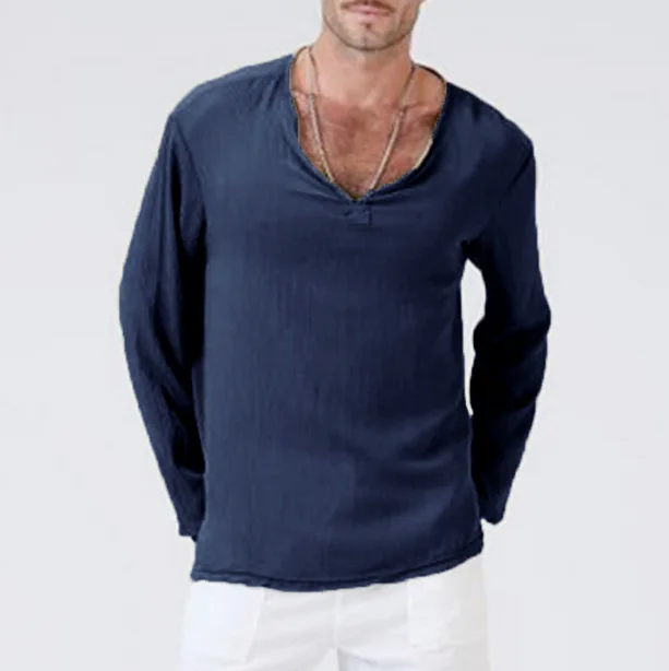 Mens Long sleeve Cotton linen Summer T shirts Occident V neck Loose Pullover VIC