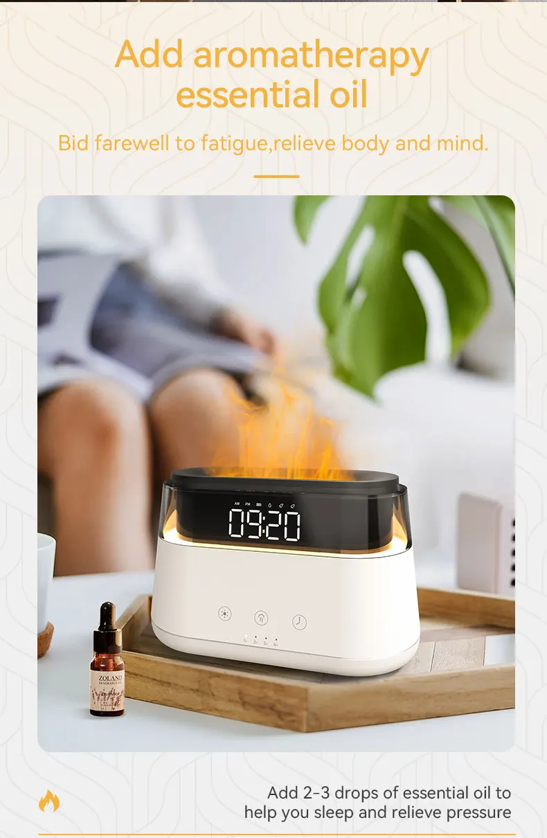 New Design Led Alarm Clock Essential Oil Diffuser Simulation Flame