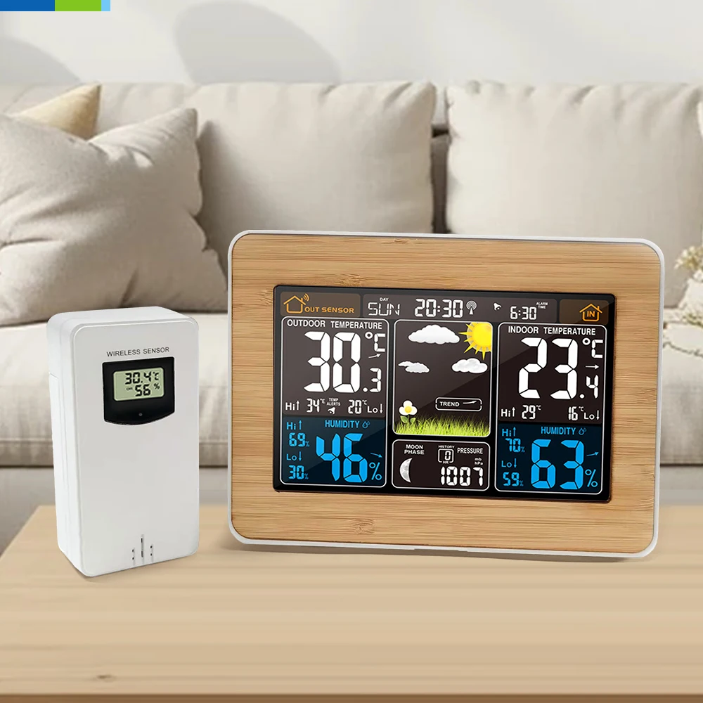 Digital Weather Station LCD Color Display Alarm Clock Wireless Sensor Living Room Office Use Battery Includes Barometer