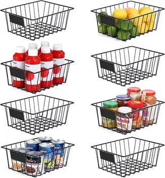 Wire Storage Baskets for Organizing with Removable Tags, Pantry Organization Bins for Kitchen Cabinets, Black