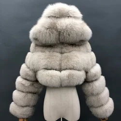 High-quality fashion short style fox fur coat luxury winter warm hooded fur jacket for women
