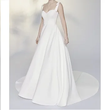 Simple Bridal Wedding Dress Satin Stretch Mikado Ball Gown with Square Neckline Beach Bridal Gowns With Detachable Tail