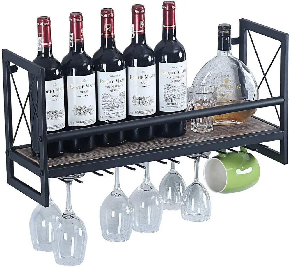 rak anggur industrial terpasang di dinding dengan rak gelas tangkai,tempat  botol anggur gantung logam pedesaan dengan 7 tempat botol kaca dekorasi rak