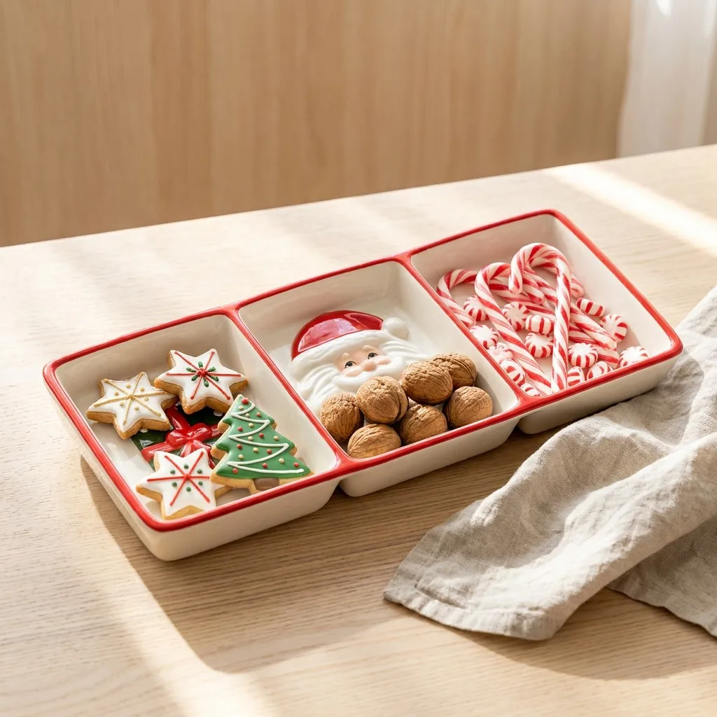 Julegaveboks med julemann og stanggodter med malt design, rektangulær kakestall med 3 fag og lang dessertplate for juletid