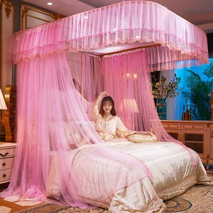 Mosquito Princess Style Beautiful Lace Canopy Mesh Indoor Home Decoration Net King Queen Size Bed Square Shape Mosquito Net