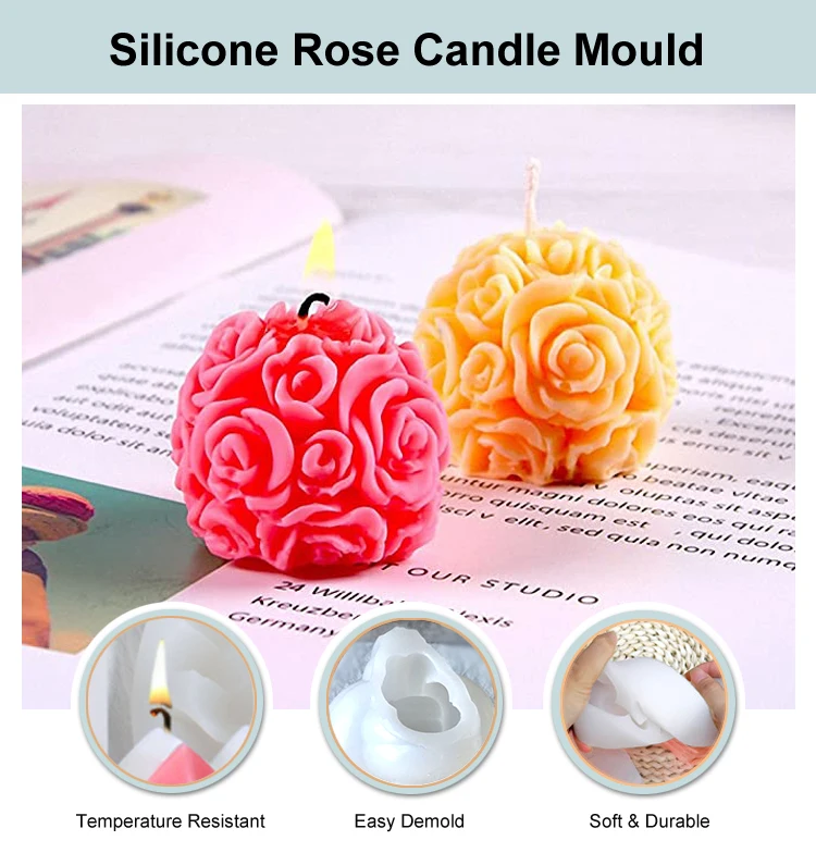 Large 3d Flower Ballshape Silicone Rose Ball Candle Mold,Rose Ball