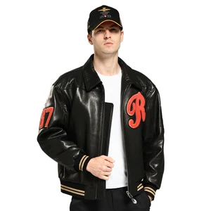 High Quality Casual Bomber Leather Varsity Jackets Men Leather Jacket Goat Skin