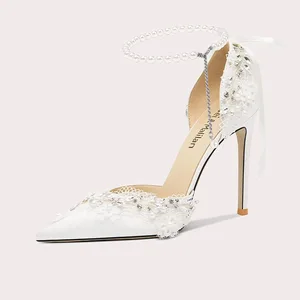 Elegant White High Heels With Pearl Lace Embellished Pointed Toe Party Wedding Shoes for Women