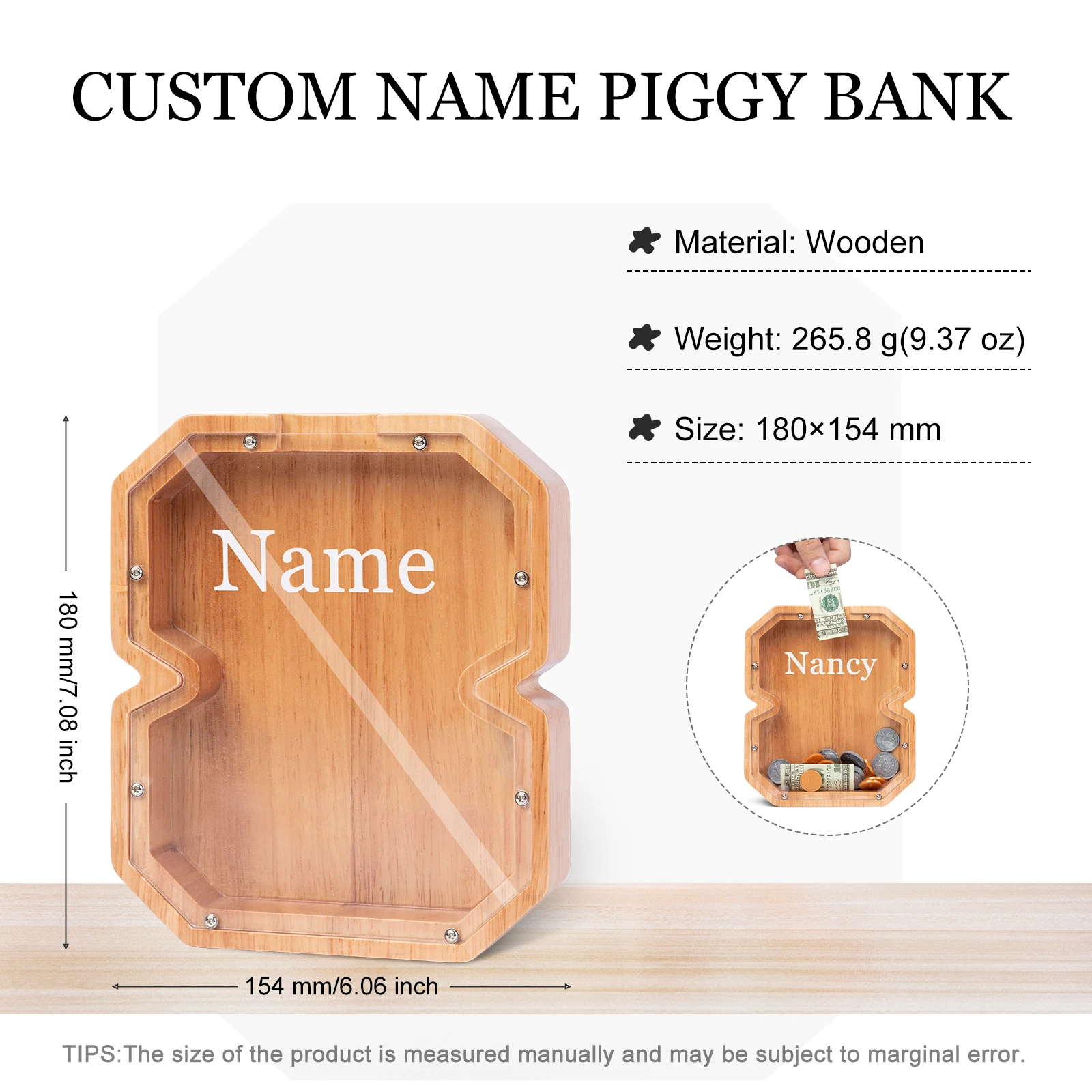 Цифровые деревянные копилки на заказ для детей, подарки с гравировкой имени на акриловых коробочках для денег