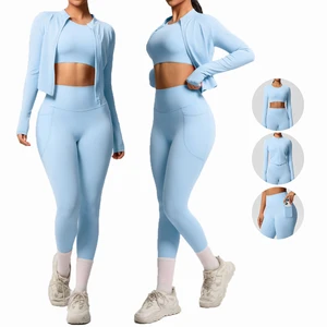 High Quality Fitness Yoga Three Piece Suit Long Sleeved Zipper Cardigan Jacket Long Sleeved Vest and Yoga Pants with Pockets