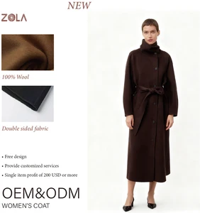 Winter Women's Vintage Casual Woolen 100% Wool Coat Long Length Breathable Eco-Friendly Plain Dyed Detachable Belt Collar