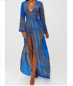 Women Chiffon Wrap Dress Open Front Belted Floral Print Long Sleeve Satin Kimono Maxi Dress