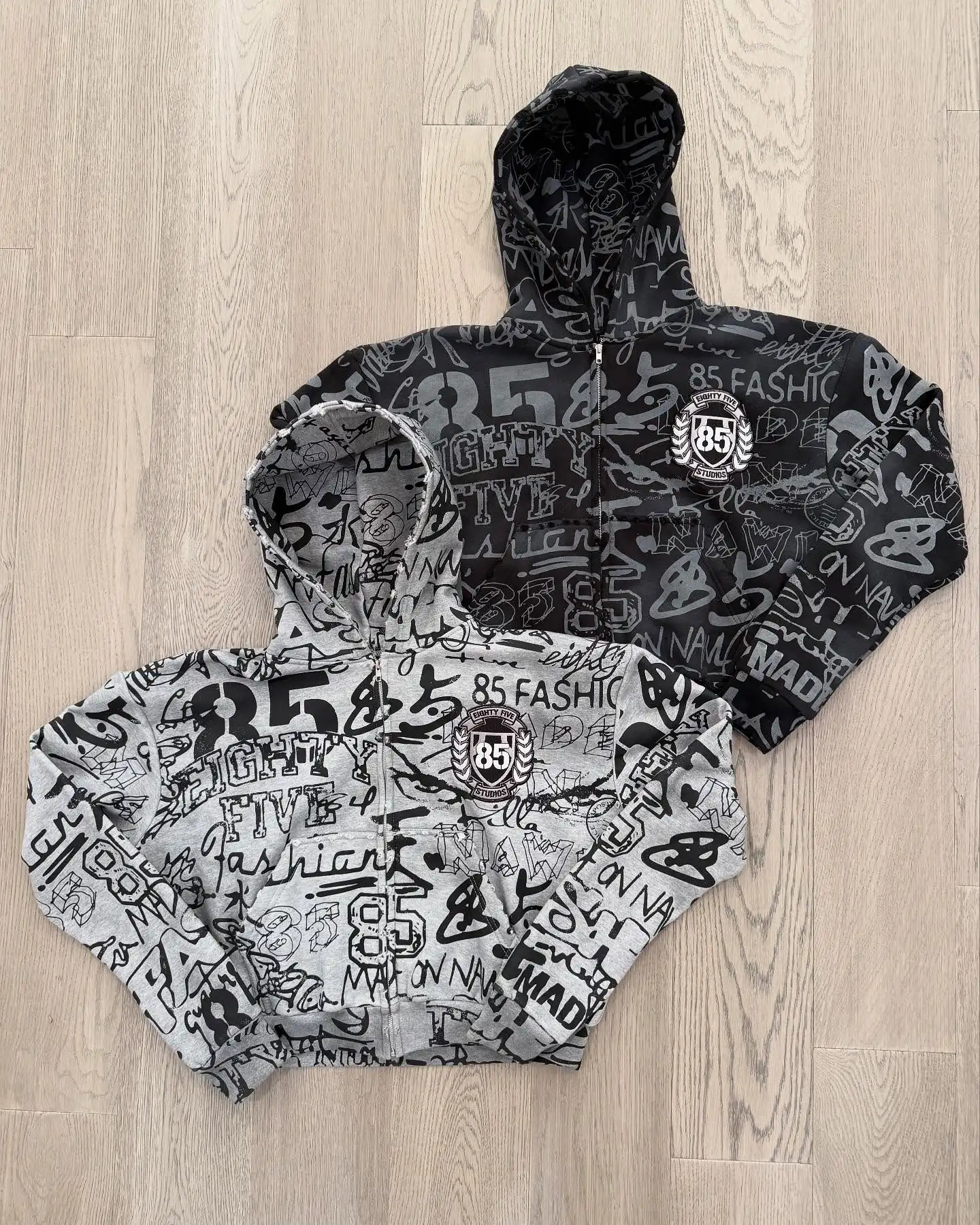 SALATI Streetwear Acid Washed Sweat Suits Zipper Hoodies Tracksuit Set Acid Wash Double Waistband Sweatpants and Hoodie Set gallery 3
