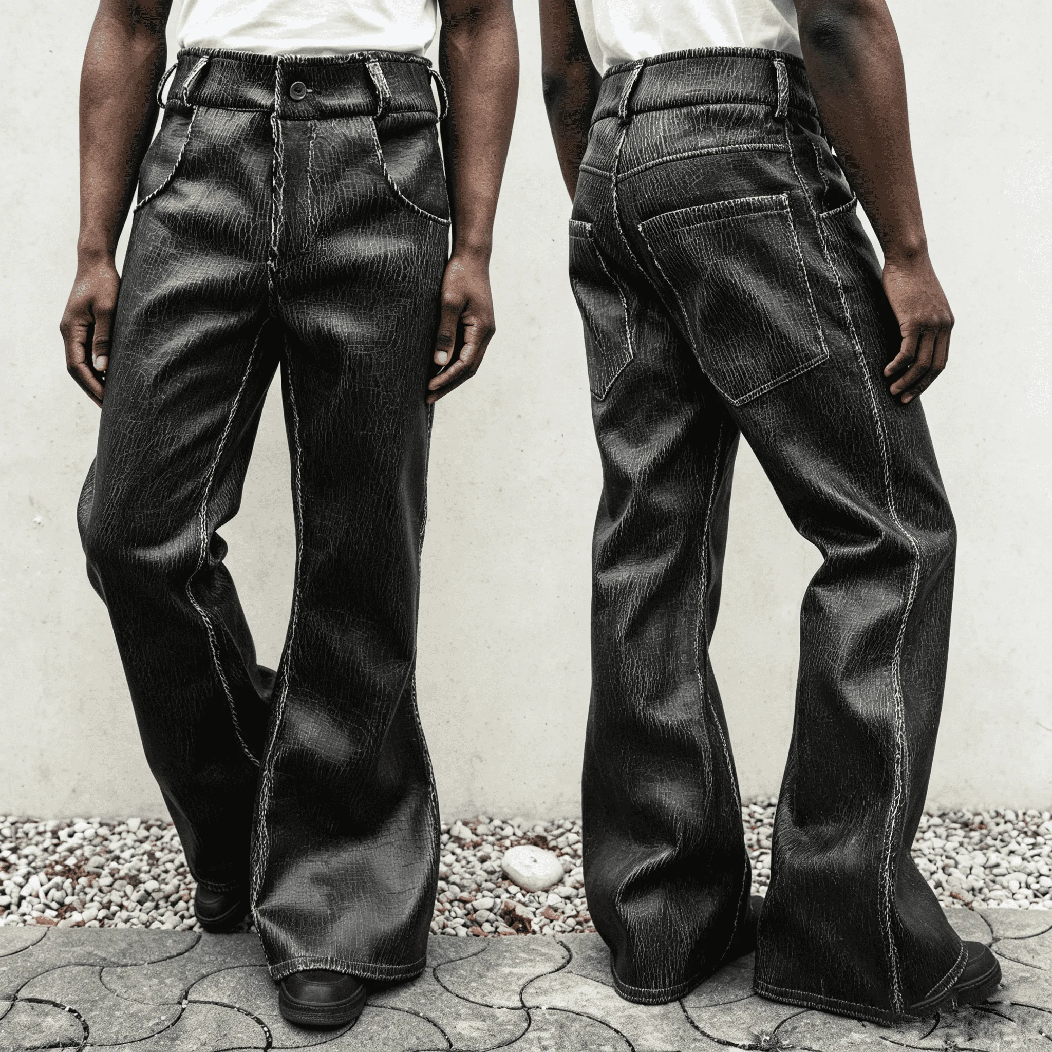 OEM Black Faux Leather Pants Wide Leg Baggy Fit Contrast Stitch Streetwear Supplier Fashion Wear Winter Men Leather Pants