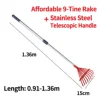 9-Tooth Leaf Rake with Stainless Steel Telescopic
